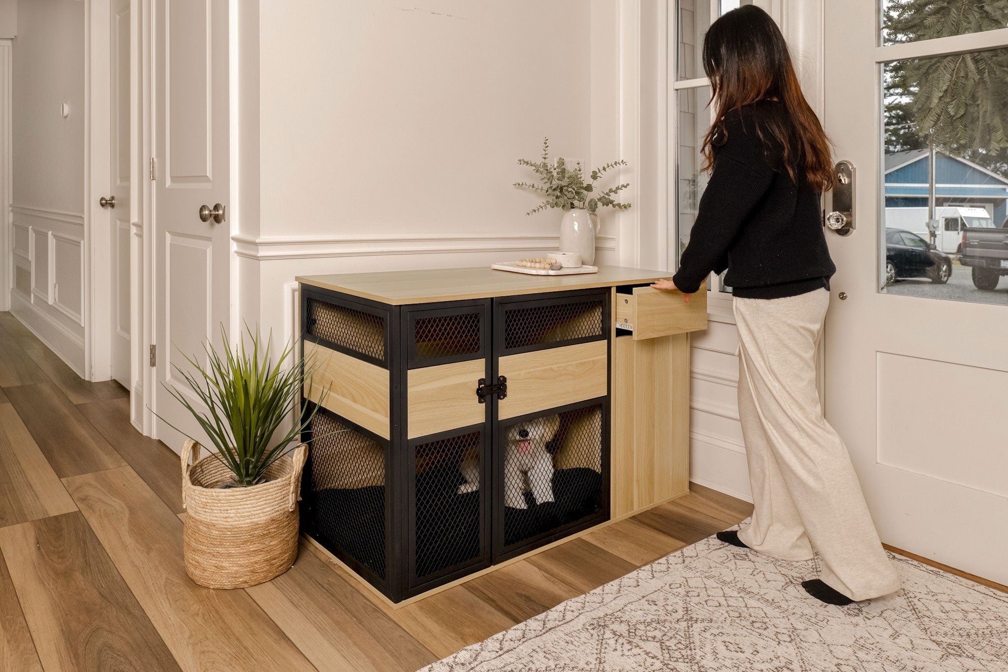 Lucky Kennels Clover Console Crate Stylish pet Furniture with Sleek Black Metal gate, enhances Airflow and Visibility, Elegant Upgrade for Living Spaces