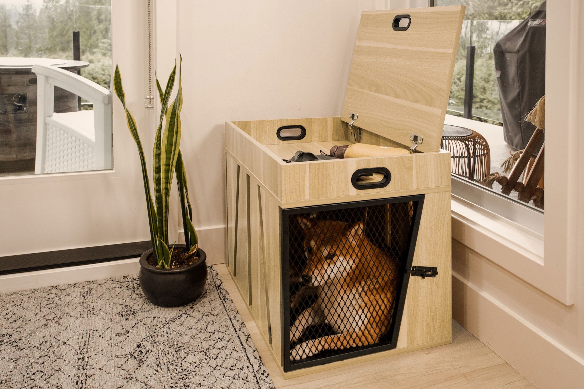 Lucky Kennels Clover Console Crate Stylish pet Furniture with Sleek Black Metal gate, enhances Airflow and Visibility, Elegant Upgrade for Living Spaces