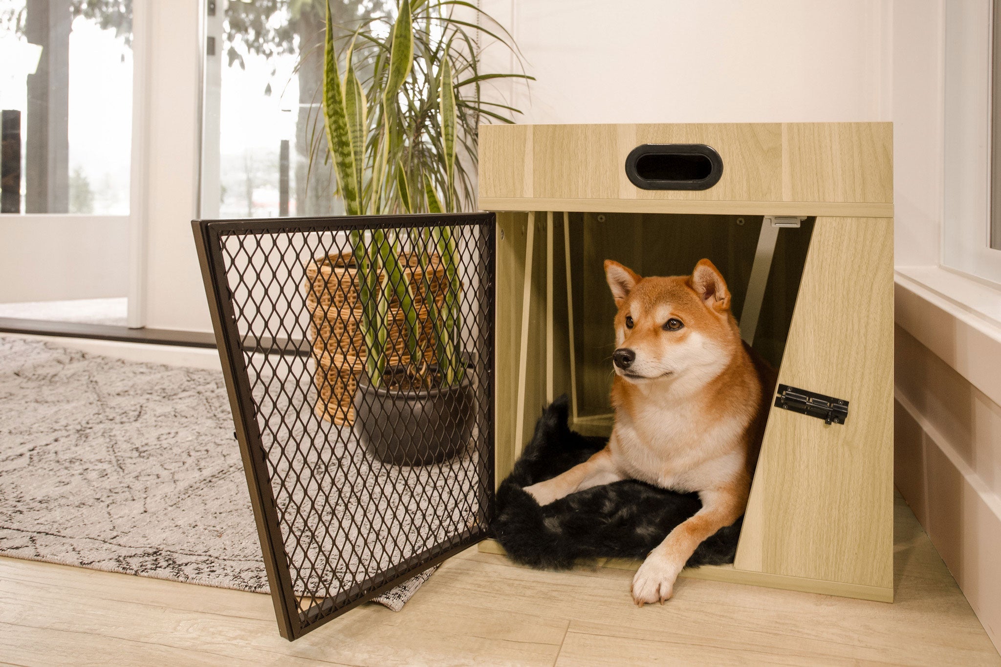 Lucky Kennels Clover Console Crate Stylish pet Furniture with Sleek Black Metal gate, enhances Airflow and Visibility, Elegant Upgrade for Living Spaces